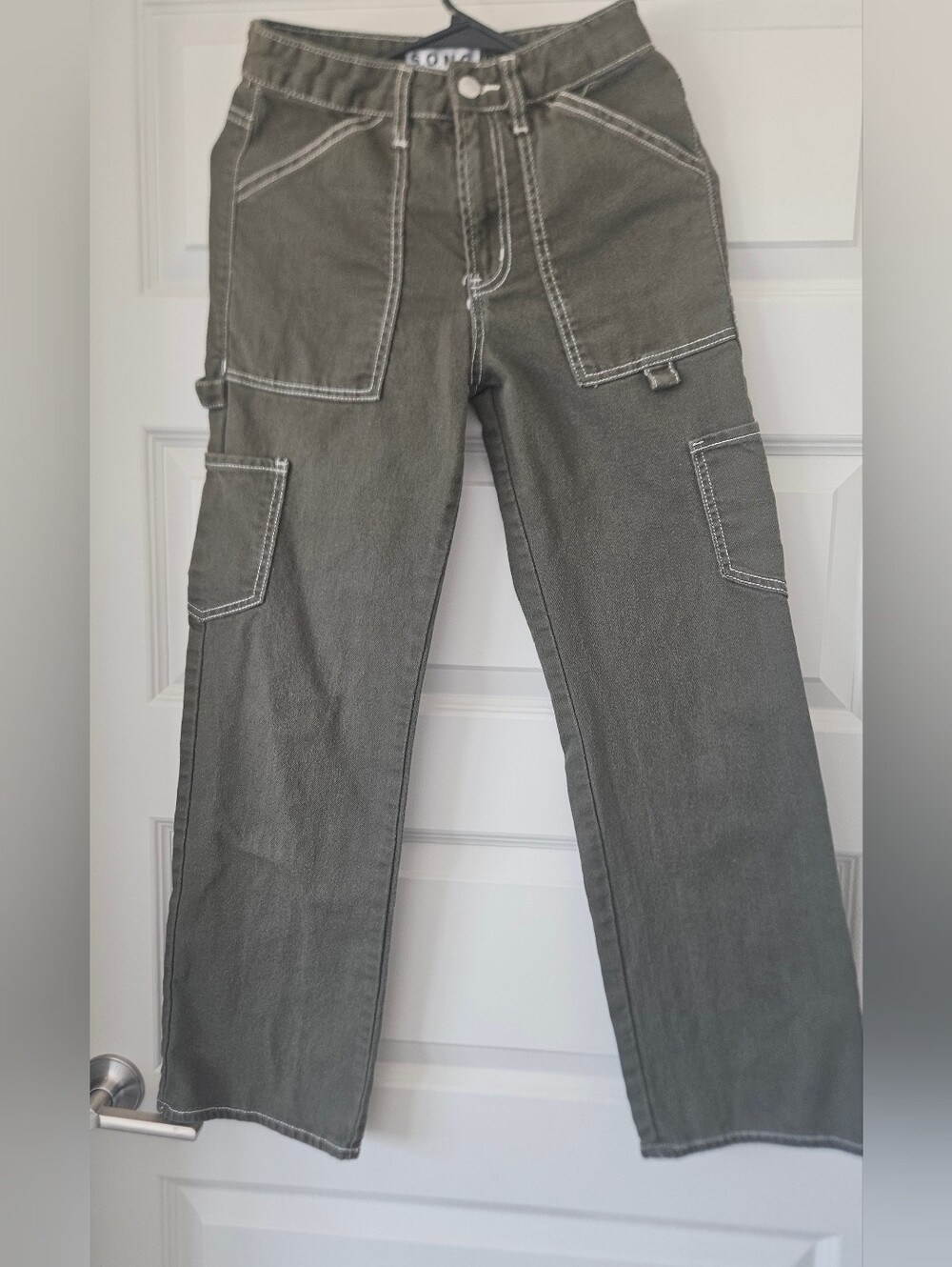 Size 24 S.O.N.G. olive green utility-style cargo or carpenter pants.
